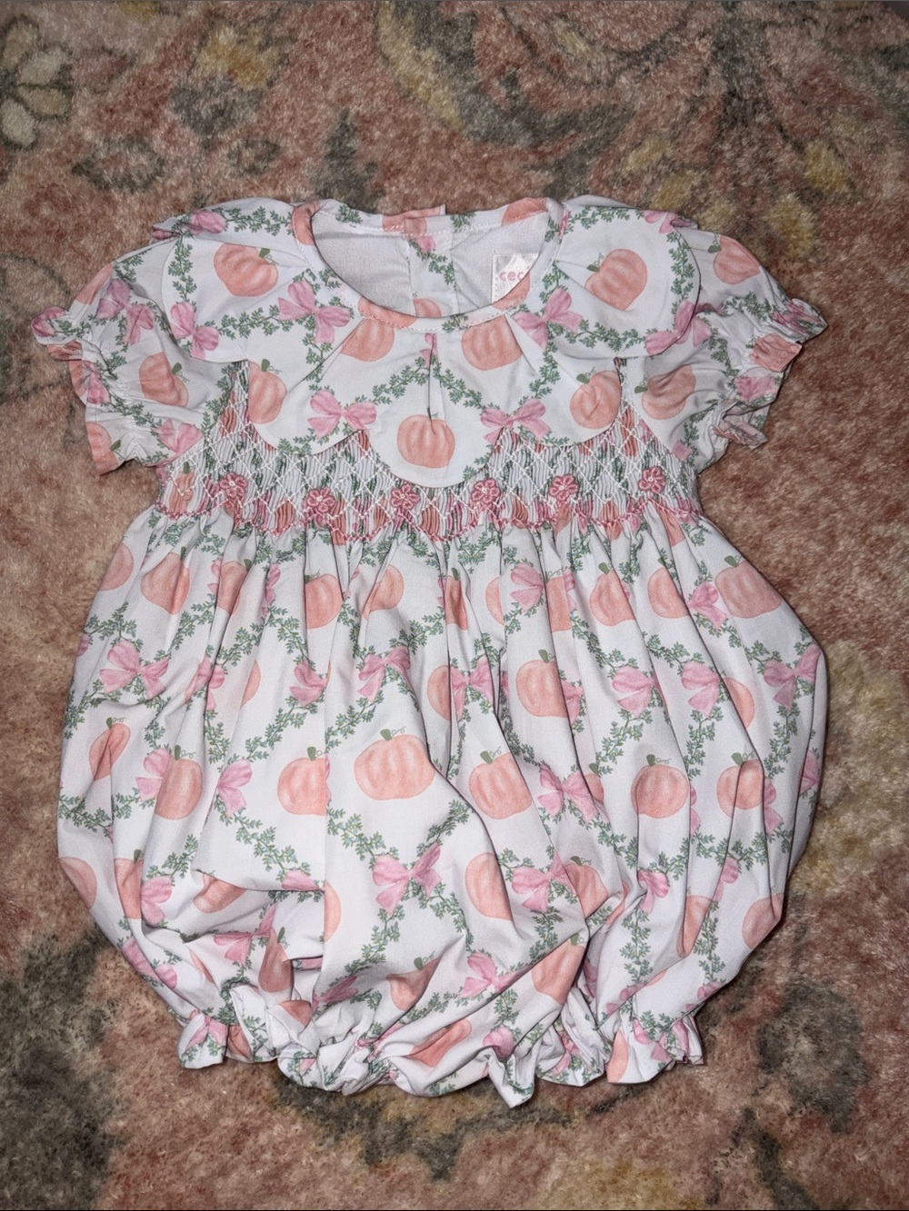 Smocked Baby Bubble Romper with Pumpkin & Bow Print
